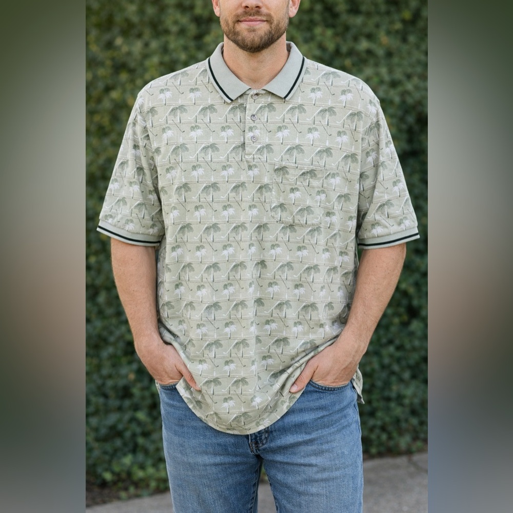 Micheal Austin Golf XL palm trees golf clubs print polo shirt tropical resort